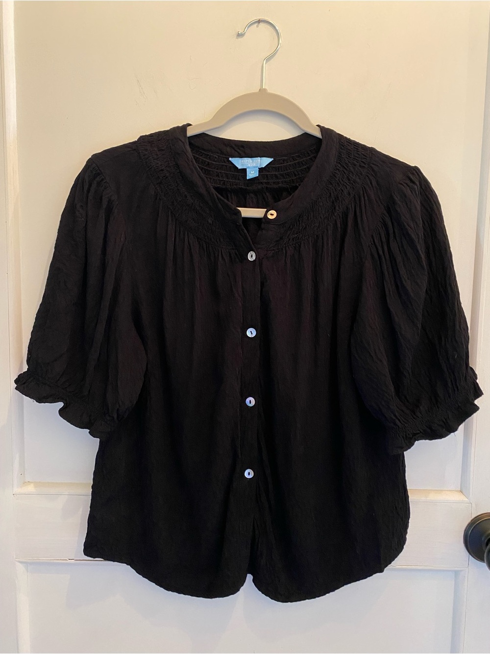 Draper James Black Smocked Yoke Puff Sleeve Button-Front Top